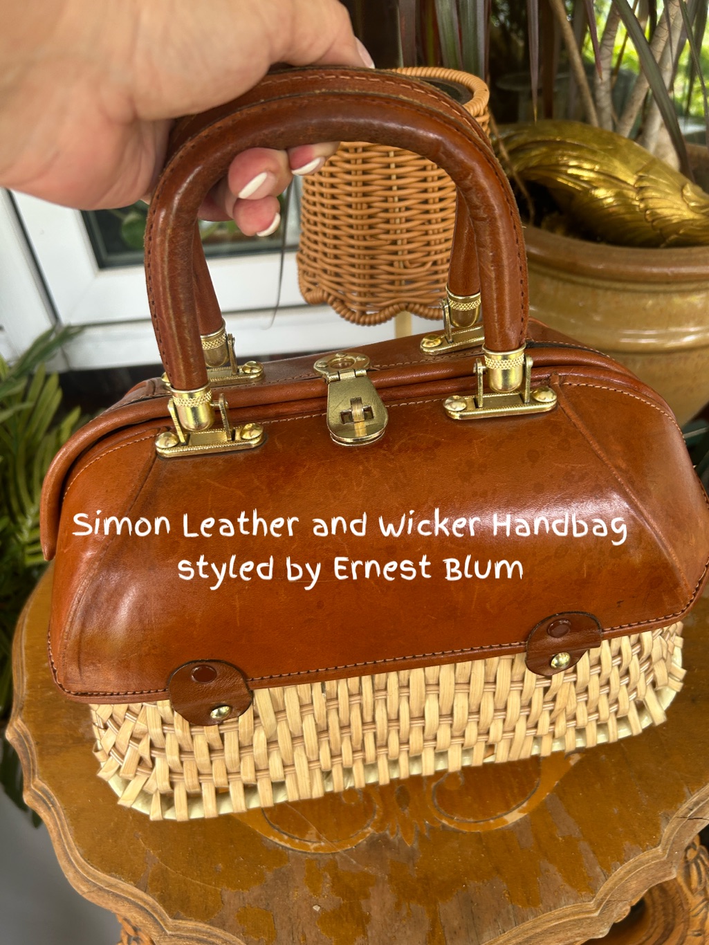 Vintage Rattan And Brown Leather Handbag